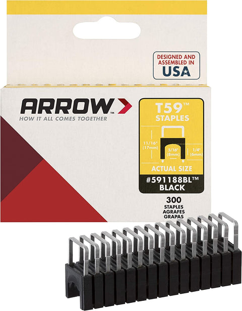 Arrow 591188 Genuine T59 Steel 1/4-Inch by 5/16 Crown Width Insulated Staples for Cable and Wiring, Black, 300 Count