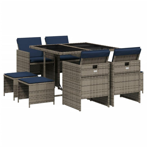 vidaXL 9 Piece Gray Poly Rattan Patio Dining Set with Cushions, Folding Chairs, Space-Saving Design, Tempered Glass Tabletop, Outdoor Garden Furniture