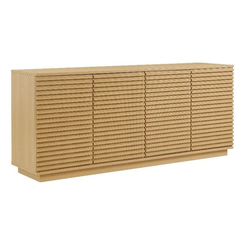 Modway Render 71 Inch Mid-Century Modern Sideboard Buffet Table in Oak — Fluted 4-Door Credenza Storage Cabinet — High TV Stand with Cable Management for Wall Mounted TVs
