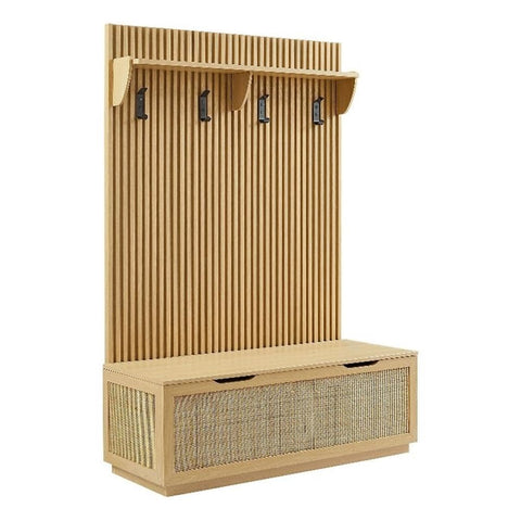 Modway Soma 3-in-1 Hall Tree in Light Oak with Rattan Storage Bench and Fluted Coat Rack – 2-Piece Entryway Storage Set with Hooks, Shelf, and Bench