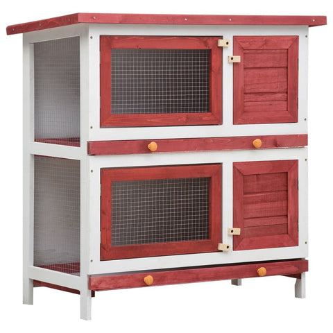 'vidaXL Outdoor Red Wooden Rabbit Hutch with 4 Doors, Iron Wire Mesh and Two Layers- Durable, Spacious, and Weather- Pet Shelter