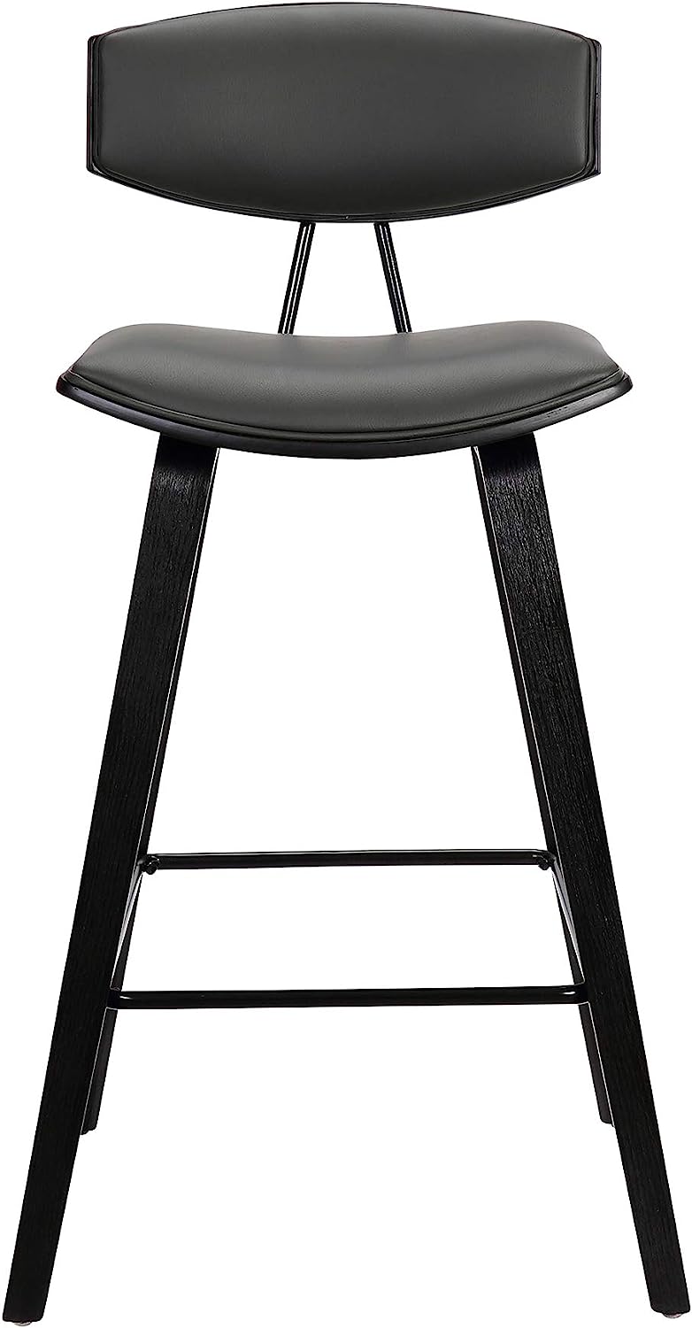 Armen Living Fox 28.5" Bar Height Grey Faux Leather and Black Wood Mid-Century Modern Bar Stool