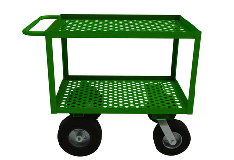 Garden Cart With (2) 12 Inch Rigid Pneumatic Wheels And (2) 10 Inch Swivel Pneumatic Casters 2 Perforated Shelves 18-1/16 Inch Distance Between Shelves 1-1/2 Inch Lips Up And Tubular Push Handle Green