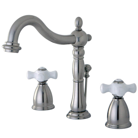 Kingston Brass KB1978PX Heritage Widespread Lavatory Faucet with Porcelain Cross Handle, Brushed Nickel,8-Inch Adjustable Center