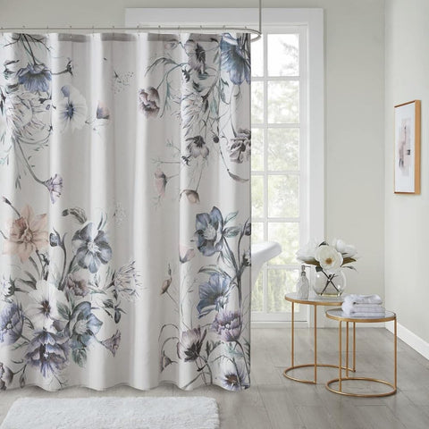 Oakestry Cassandra Printed Cotton Shabby Chic Floral Shower Curtain Bathroom Decorative Light-Filtering Bathroom Curtain with Buttonholes 72"X72", Blue