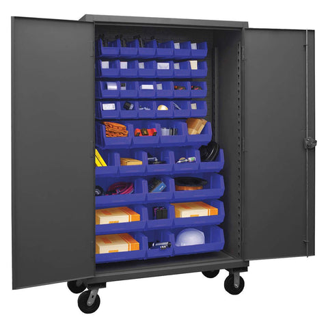 Durham HDCM48-42-5295 Lockable Mobile Cabinet with 42 Blue Hook-On Bins, 48" Wide, 12 Gauge