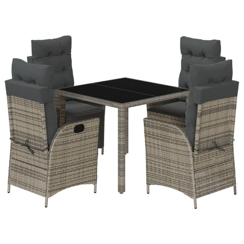 vidaXL 5 Piece Patio Dining Set with Cushions - Gray Poly Rattan Adjustable Recliner Chairs, Square Tempered Glass Table for Garden, Backyard, Patio