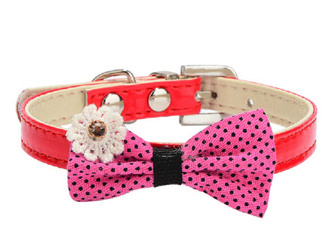 PANDA SUPERSTORE Pretty Adjustable PU Bow-Ties Dog Collar Pet Collar RED (20-26cm)