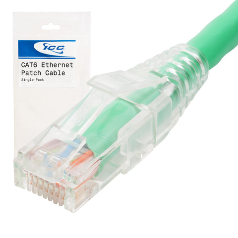ICC CAT6 Ethernet Patch Cord with Clear Boot Strain Relief, RJ45, Stranded, 550 MHz, UTP, Pure Bare Copper Wire, 24 AWG, LAN Network Patch Cable, Green, 5 FT, Single