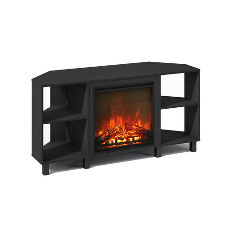 Furinno Jensen Fireplace TV Stand, NO Heat Decorative Electric Fireplace Corner TV Stand for TV up to 55 Inch, with 4 Open Shelves, for Living Room, Americano