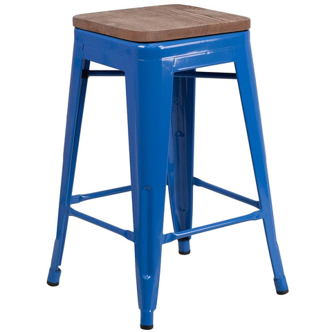 Flash Furniture Lily 24" High Backless Blue Metal Counter Height Stool with Square Wood Seat (Pack of 1)