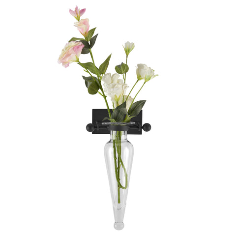 Danya B Decorative Wall Mount Amphora Glass Flower Vase on Iron Sconce with Finials Clear Glass, Vase Wall Décor for Indoor or Outdoor Patio and Garden Decor