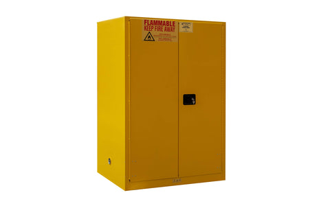 Durham FM Approved 1090M-50 Welded 16 Gauge Steel Flammable Safety Manual Door Cabinet, 2 Shelves, 90 gallons Capacity, 34" Length x 43" Width x 65" Height, Yellow Powder Coat Finish