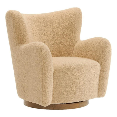Modway Montrose Swivel Wingback Accent Chair in Ivory Walnut Sherpa Teddy Fabric – Modern Furry Barrel Chair with 360-Degree Swivel Base – Soft and Comfy Living Room Chair