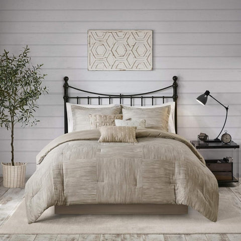 Oakestry Walter Comforter All Season Bed Set Textured Printed Seersucker Weave Design Matching Pillowcases Shams & Bed Skirt, King (104 in X 92 in), Taupe