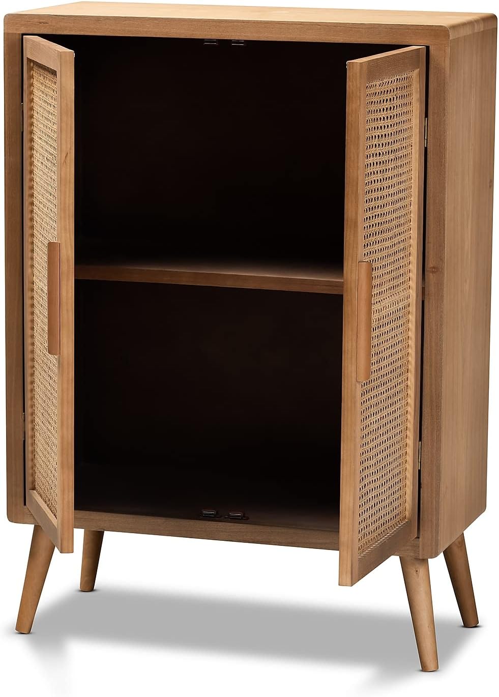 Baxton Studio Alina Mid-Century Modern Medium Oak Finished Wood and Rattan 2-Door Accent Storage Cabinet