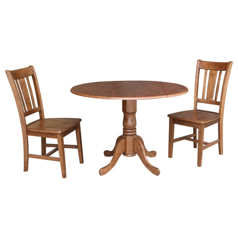 IC INTERNATIONAL CONCEPTS 42" Solid Wood Dual Drop Leaf Pedestal Table with 2 Chairs in Oak