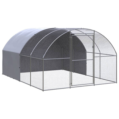 vidaXL Outdoor Chicken Coop - Spacious 9.8'x13.1'x6.6' Enclosure - Galvanized Steel & Polyethylene Roof - Silver and Silver Gray