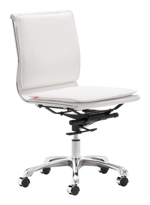 Zuo Lider Plus Armless Office Chair White, White Office Chair, Modern Style, Faux Leather, Plush and Durable Faux Leather Fabric, Steel, Indoor Office, 23.2" W x 23.2" D x 36.6~40.2" H, Non-Stackable