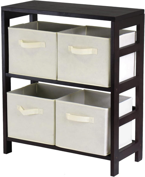 Oakestry Capri Wooden 2-Section Storage Shelf with 4 Beige Fabric Foldable Baskets – Compact Organizer for Living Room, Bedroom, Office & Closet