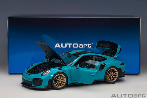 Autoart Porsche 911 (991.2) GT2 RS Weissach Package Miami Blue with Carbon Stripes 1/18 Model Car