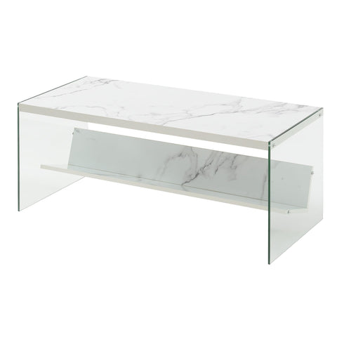 Convenience Concepts SoHo Glass Coffee Table 40" - Modern Living Room Table with Storage Shelf, Contemporary Coffee Table for Family Room, White Faux Marble