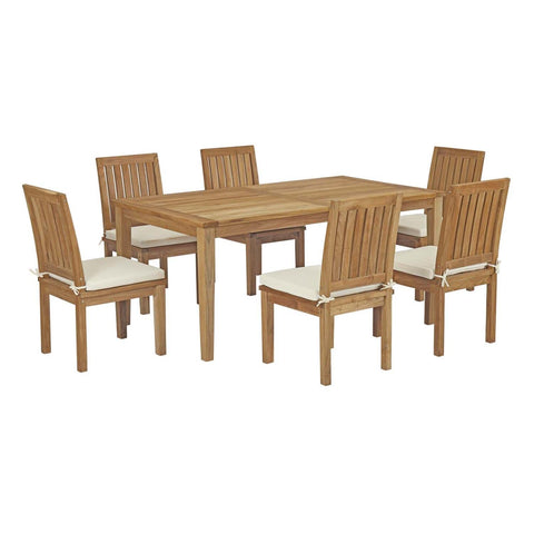 Modway Marina Premium Grade A Teak Wood 7 Piece Patio Teak Outdoor Dining Set in Natural White