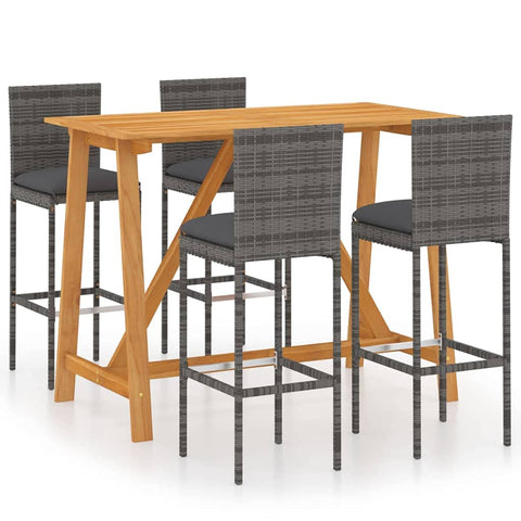 vidaXL 5 Piece Garden Bar Set with Cushions Grey | Outdoor Dining Acacia Wood Table & Rattan Stools Comfortable Modern Design for Patio Balcony Tables and Chairs Bistro Stool Furniture Pub