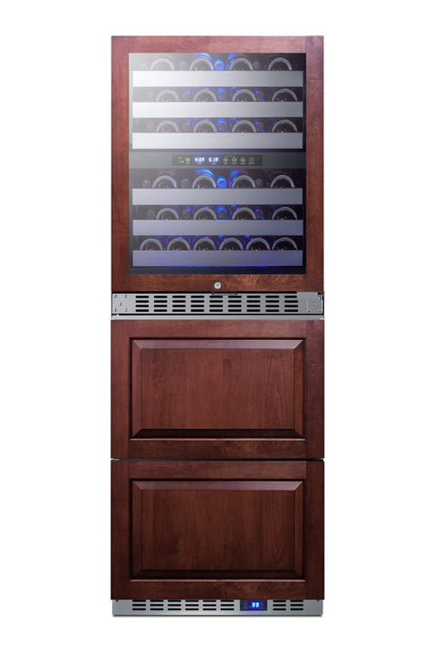24 wide combination built-in/freestanding upright dual zone wine cellar and 2-drawer refrigerator panel-ready front