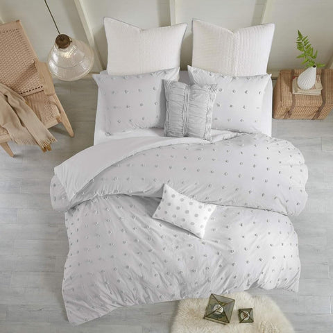 Oakestry 7 Pc Tufted Chenille Dots Cotton Bedding Set, Breathable and Durable Ultra-Soft Duvet All Season Cover for Comforter, King Size (104 in X 92 in), Grey