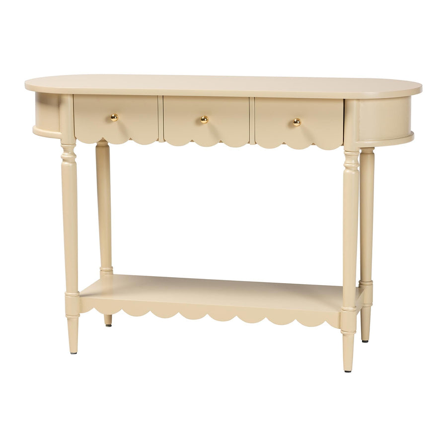 Bali & pari Liba Console Table - 3-Drawer Accent Table with Scalloped Detailing and Open Shelf Storage for Hallway, Entryway, or Living Room
