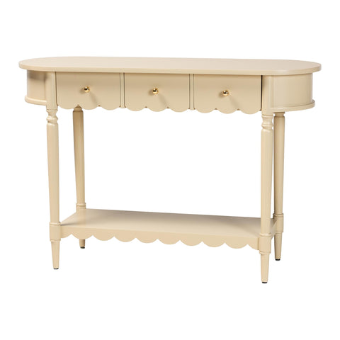 Bali & pari Liba Console Table - 3-Drawer Accent Table with Scalloped Detailing and Open Shelf Storage for Hallway, Entryway, or Living Room