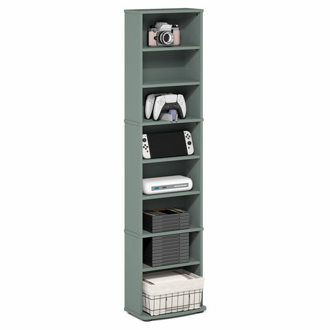 Furinno Jaya DVD Shelf, 8-Tier Tall Narrow CD Rack, Media Shelf with Adjustable Shelves, DVD Storage Cabinets for CD Blueray Game Disc, Easy Assembly, for Living Room, Home Office, Sage Green