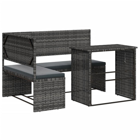 vidaXL Gray Poly Rattan Patio Sofa and Folding Table Set - L-Shaped Outdoor Furniture with Cushions for Garden, Terrace, Deck