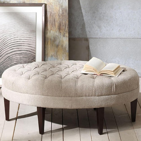 Oakestry Martin Oval Surfboard Tufted Cocktail Ottoman All Foam Wooden Frame Modern Versatile for Living Room, Bedroom & Lounge Linen, 48" W X 27.5" D X 18" H