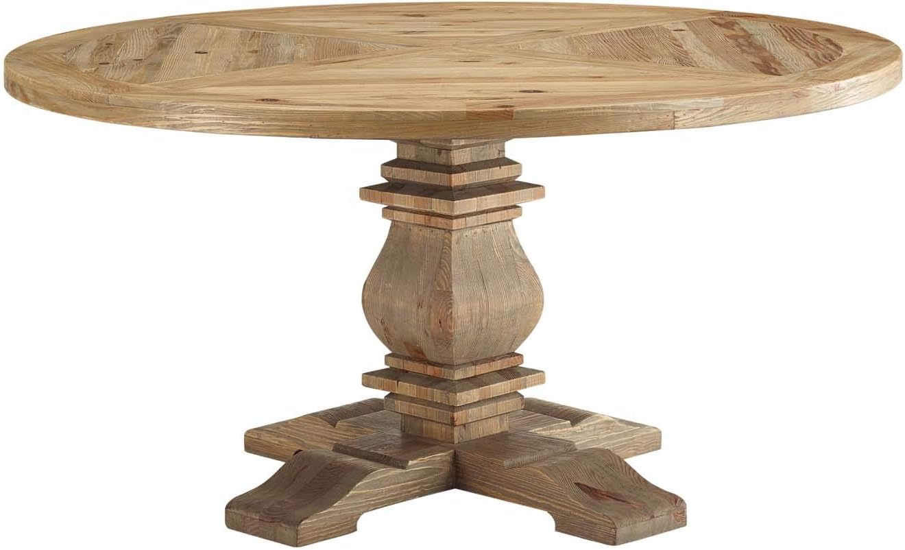 Modway Column 59" Rustic Farmhouse Pine Wood Round Kitchen and Dining Room Table, Brown