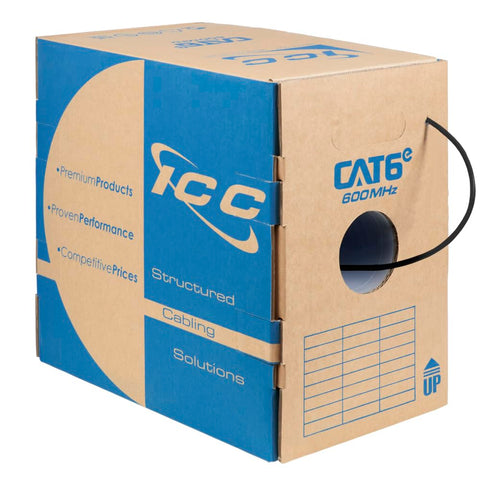 ICC Cat6e CMR Riser 1000ft - UTP 23AWG, 100% Solid Pure Copper, Unshielded, Bulk Ethernet Cable, PoE++, 600MHz, Reelex Pull Box, UL Certified, RoHS, TAA and NEC Compliant, Black