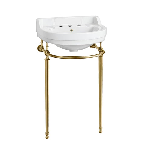 22 Inch Semi Circular Bowl Wall Mount Bathroom Vanity Sink with Brass Supporting Leg, 3-Hole Faucet Opening, Backsplash, Overflow and Included Front Towel Bar Rack, White with Polished Brass Legs
