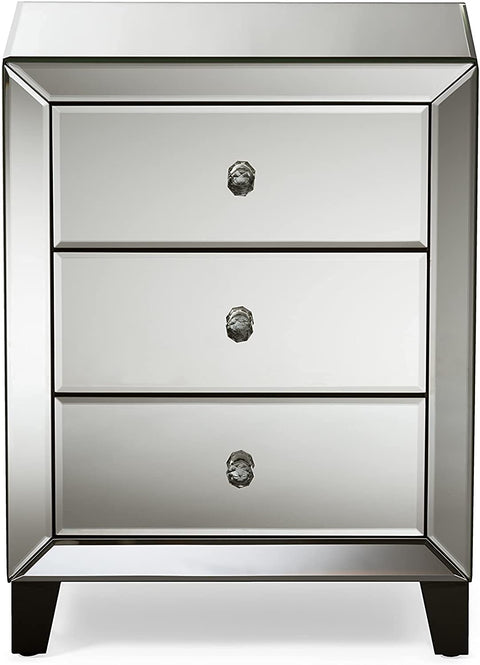 Oakestry Chevron Modern and Contemporary Hollywood Regency Glamour Style Mirrored 3-Drawers Nightstand Bedside Table, Medium