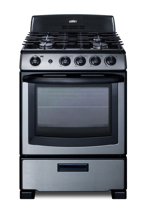 Summit 24" Gas Range, 4 Sealed Burners 2.9 cu.ft Capacity, Stainless Steel with Black Trim- PRO247SS