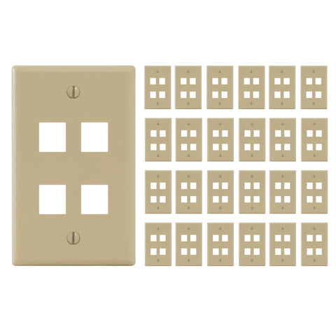 ICC 4-Port Keystone Wall Plate (25 Pack), UL Listed, Durable ABS Plastic, Single Gang Wall Plate for RJ45 Modular Jack and Inserts, Ivory