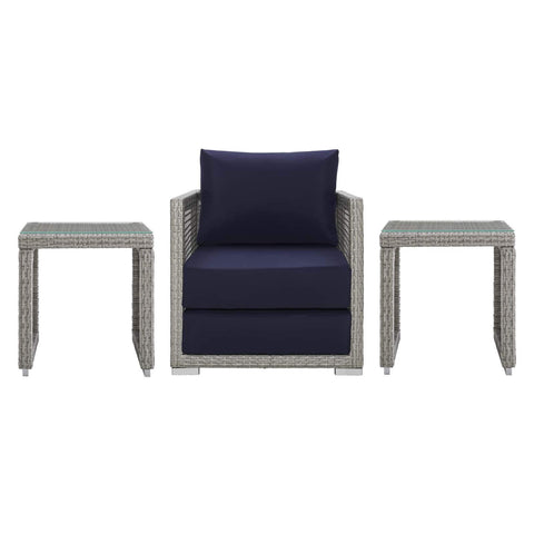 Modway Aura Outdoor Patio Wicker Rattan, Armchair and Two Side Tables, Gray Navy