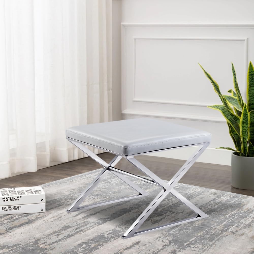 Pasargad Home Luxe Upholstered Bench, White/Chrome