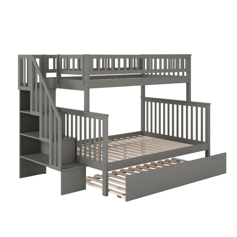 Atlantic Furniture AFI Woodland Twin Over Full Staircase Trundle Wood Bunk Bed in Grey