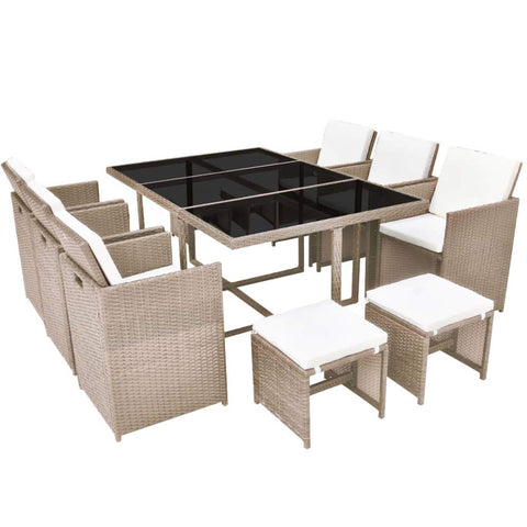 vidaXL 5 Piece Patio Dining Set - Outdoor Garden/Patio Furniture with Beige Poly Rattan, Powder-Coated Steel Frame, Glass Tabletop, Cream White Cushions - Weather/Water, Easy Assembly