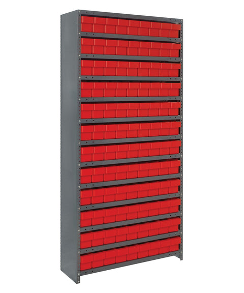 Quantum Storage Systems CL1875-604RD Closed Shelving System with Super Tuff Euro Drawers, 108 QED604 Shelf Bins, 18" D x 36" W x 75" H, Red