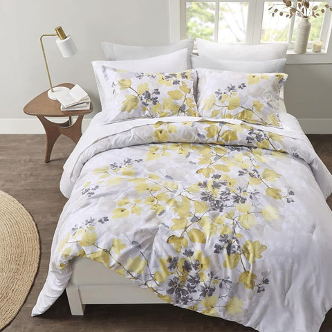 Oakestry 9pc Spaces Bed in a Bag Cozy Comforter All Season Bedding Set Decorative Pillow Leaf Design, Yellow/Grey
