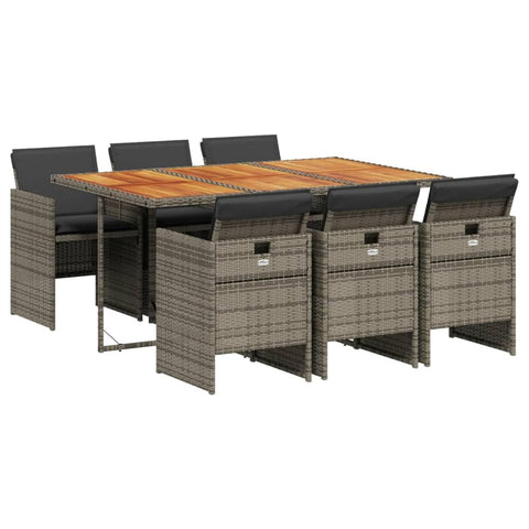 vidaXL Patio Dining Set with Cushions â€“ 7 Piece Poly Rattan Garden Furniture in Gray â€“ Outdoor Dining Chairs and Acacia Wood Table for Patio/Backyard