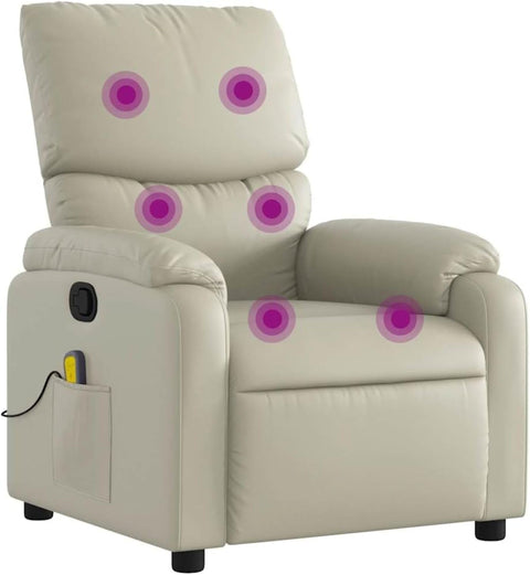 vidaXL Leather Massage Recliner Chair for Living Room, Home Theater, 6-Point Vibration Massage, Adjustable Back & Footrest, Side Pocket, Cream