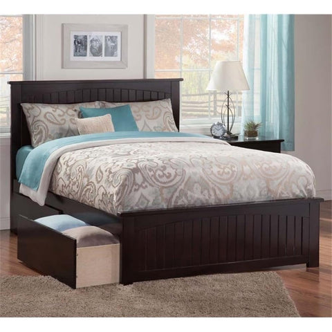 Nantucket Queen Solid Wood Platform Bed with Matching Footboard & 2 Storage Drawers in Espresso
